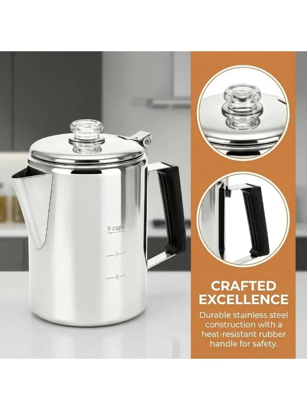 Durable Stainless Steel Camping Coffee Pot - 9 Cup Outdoor Brew Maker for